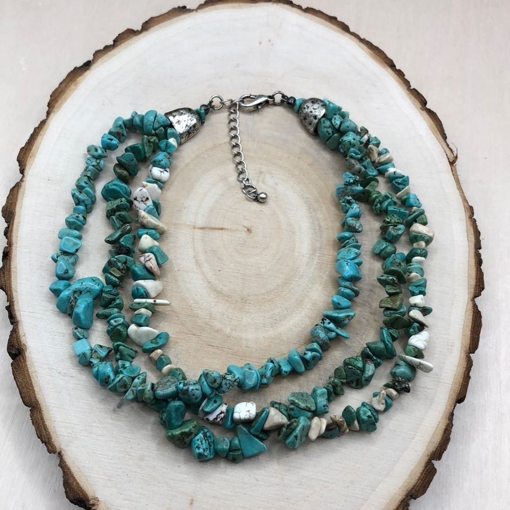 Artisan turquoise  and howlite beaded triple strand necklace, statement boho.
